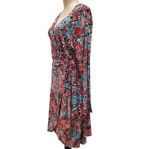 NWT PARAPHRASE SZ XL Floral wrap style Rayon Stretch V-neck Red Pink Blue Dress - Picture 3 of 9